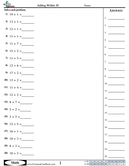 Addition Worksheets - Adding Within 20 (horizontal) worksheet